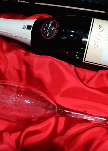 Estuche Baúl de madera + Botella de Cava + Copa personalizada